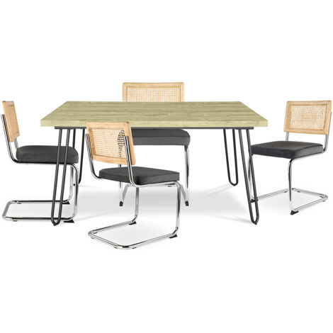 Pack Esstisch im Industriedesign 120cm & 4 Rattan-Esszimmerstühle - Samtpolsterung - Martha Dunkelgrau