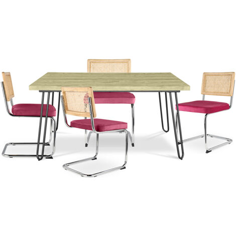 Pack Esstisch im Industriedesign 120cm & 4 Rattan-Esszimmerstühle - Samtpolsterung - Martha Fuchsia
