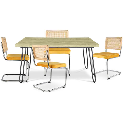 Pack Esstisch im Industriedesign 120cm & 4 Rattan-Esszimmerstühle - Samtpolsterung - Martha Senf