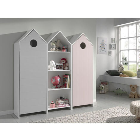 Pack - Étagère Enfant & 2 Armoires "Casami" Blanc, Gris & Rose