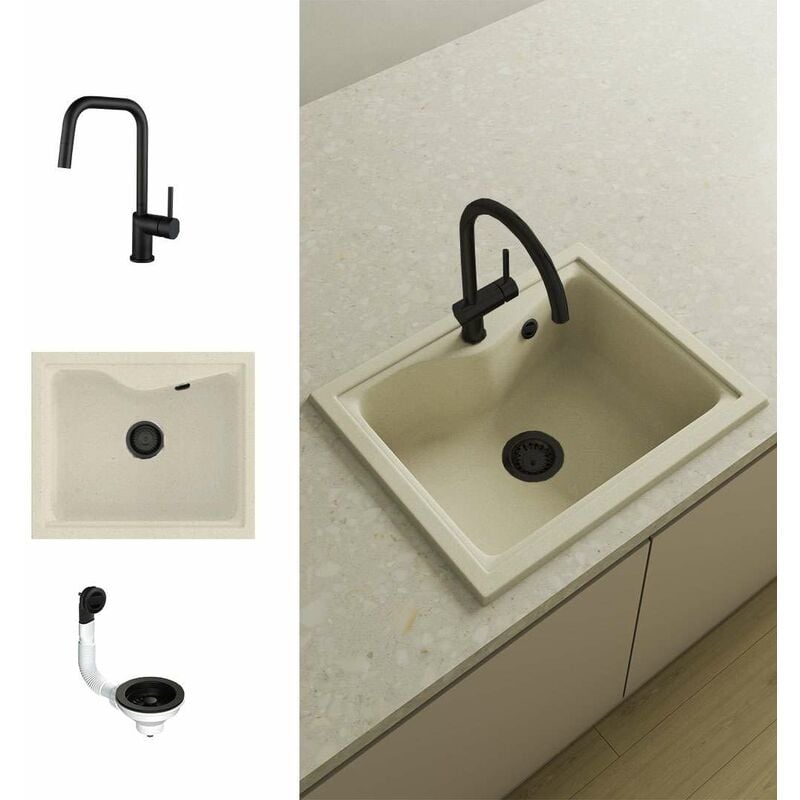 Pack Evier 1 bac POALGI City Pumice + mitigeur avec douchette + bonde noire