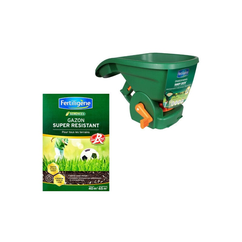Fertiligene - Pack fertiligène - Gazon super résistant - Label rouge - 40m² - 1kg - Epandeur manuel Easy Green