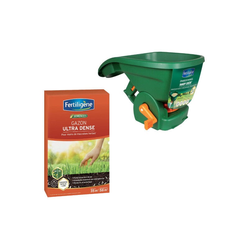 Fertiligene - Pack fertiligène - Gazon ultra dense - 35m² - 875g - Epandeur rotatif à pousser Easy Green
