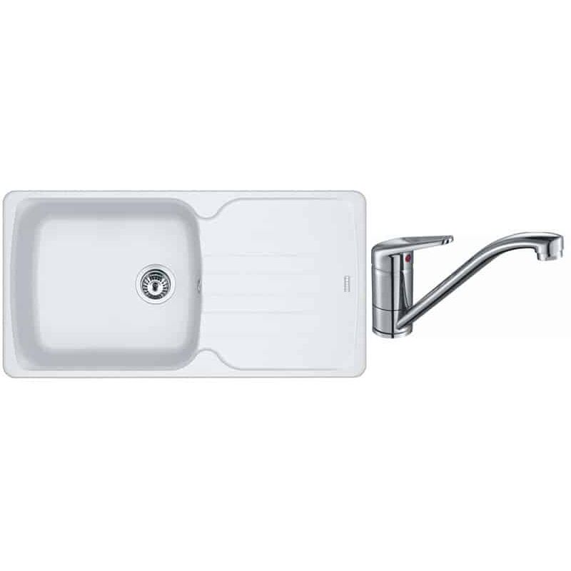 PACK Franke Antéa Fragranit AZG611-97 + Mitigeur Novara Plus à bec - Coloris : Blanc Artic (Moucheté)