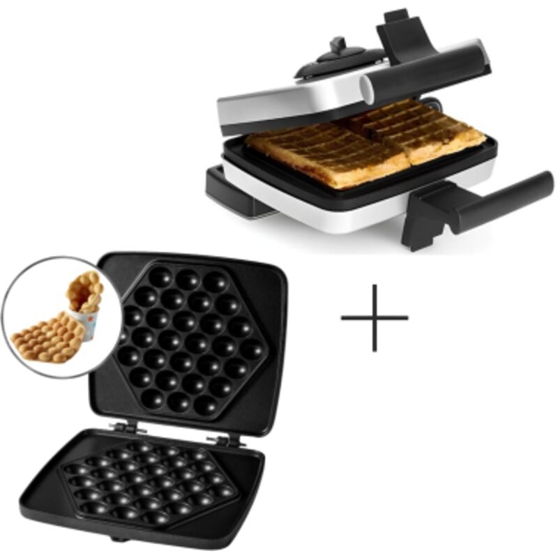 PACK FRIFRI Gauffrier/Croque-Monsieur Gris Système Rotatif + Plaques en fonte pour Bubble Gaufres