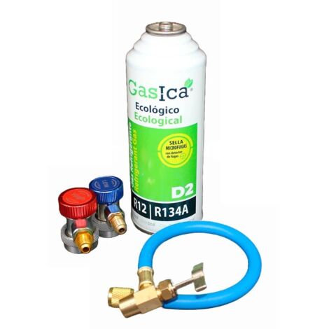 Pack gas ecológico GASICA D2 sustituto R12 y R134A 226gr más manguera con llave y conectores rápidos