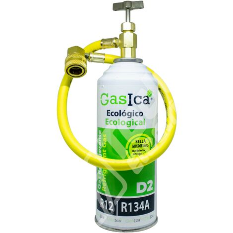 Pack Gasica D2 226g. Refrigerante Orgánico Ecológico Sustituto del R12 y R134A más manguera con llave de paso y conector rápido