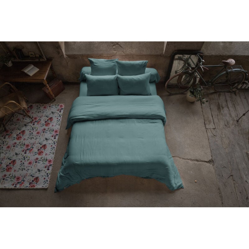 Pack gaze de coton parure de couette 220X240 cm + drap housse 140X190 + 2 taies 50X70 Bleu