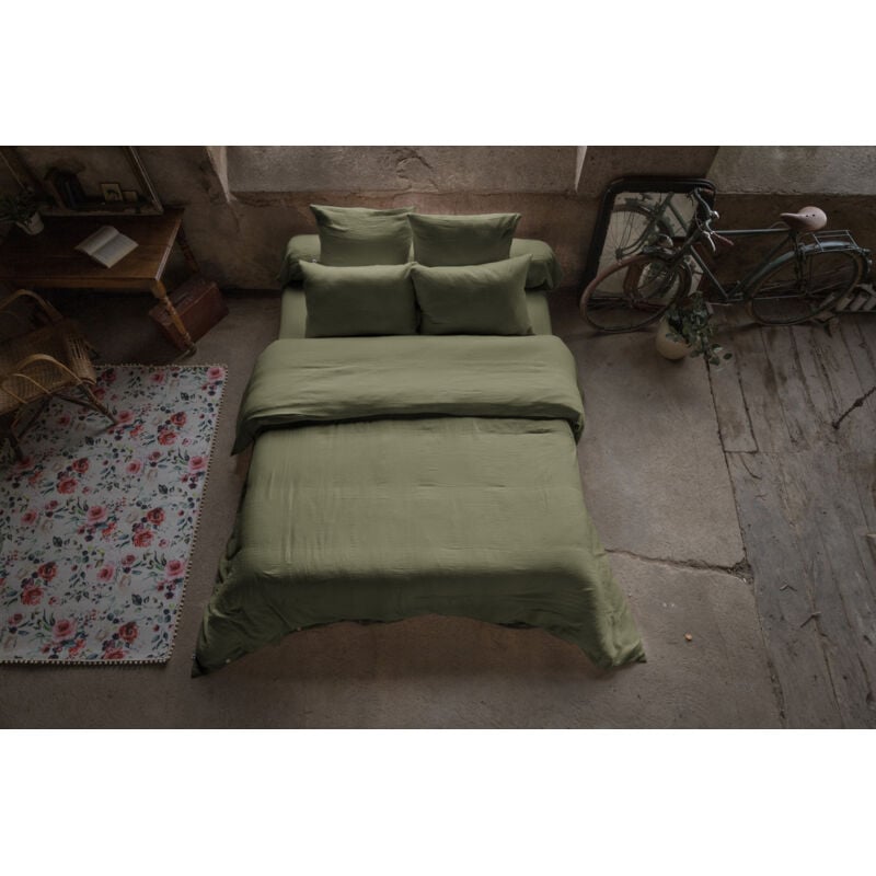 Pack gaze de coton parure de couette 220x240 cm + drap housse 140x190 + 2 taies 60x60 Romarin