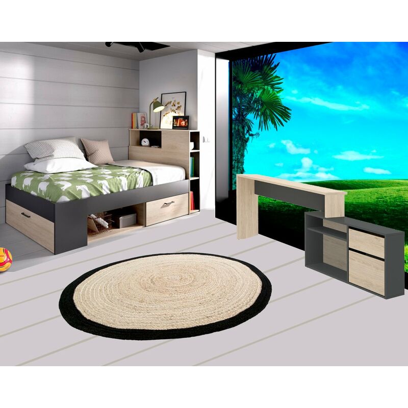 

Pack Habitacion Juvenil Cama con ESCRITORIO a juego, acabado natural con grafito