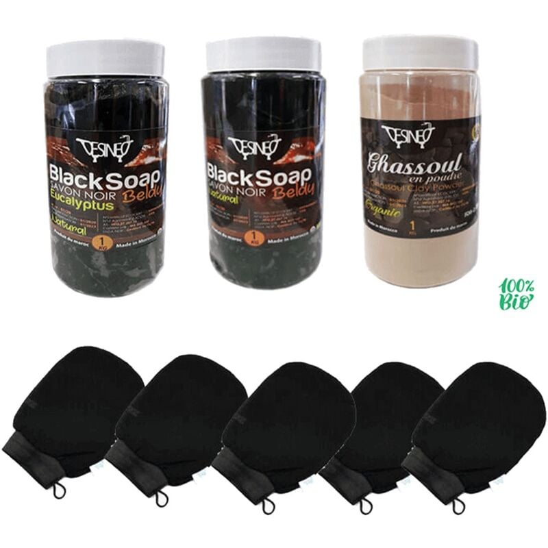 Pack Hammam Soin du corps : 5 gants kessa + 1kg de savon noir + 1kg a l'eucalyptus +1kg ghassoul