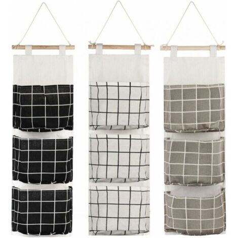 Pack Hanging Storage Bags with 3 Pockets, Fabric Wall Shelf Organizer for Bedroom, Bathroom, Kitchen, Waterproof and Stylish (Black/Gray/White) YMYNY