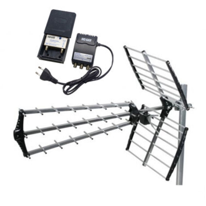 PACK HDSAT ANTENNE TNT TRINAPPE GAIN 18dB UHF rateau + Kit Preamplificateur de Mat 5G TNT UHF + Alim 12V 2 Sorties - Gain 38dB