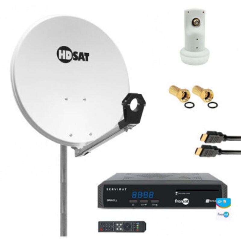 Hdsat - Pack Parabole satellite acier 60cm + lnb single + Récepteur fransat + Câble hdmi