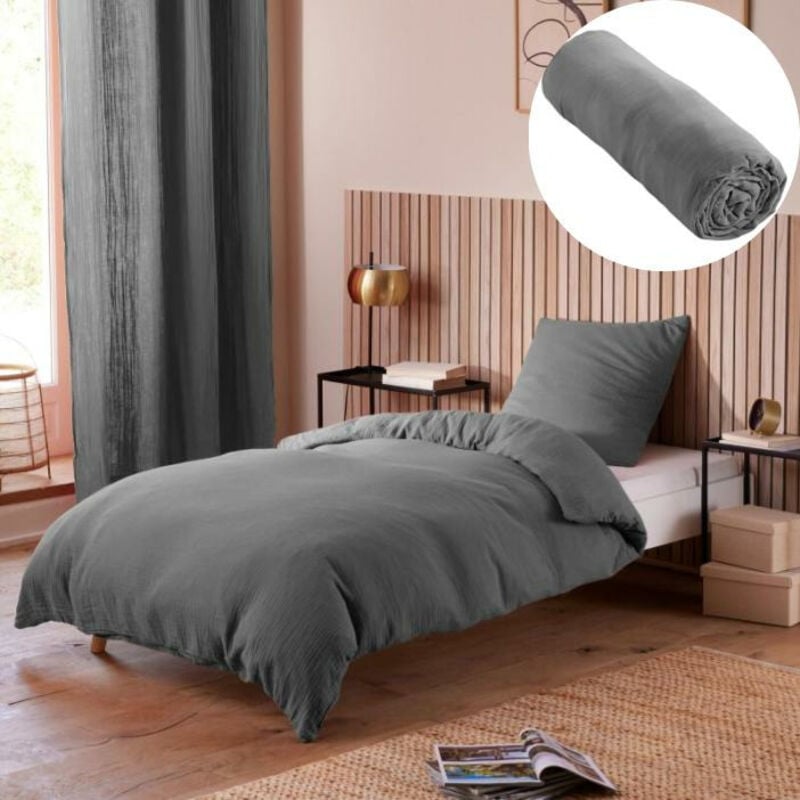 Pack Housse de couette 140 x 200 cm Gaze de coton + drap housse 90x190 Ardoise