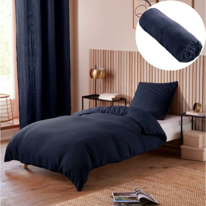L'effet Papillon - Pack Housse de couette 140 x 200 cm Gaze de coton + drap housse 90x190 Bleu
