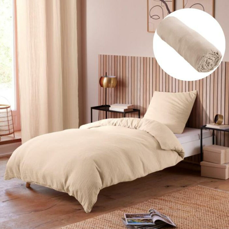 Pack Housse de couette 140 x 200 cm Gaze de coton + drap housse 90x190 Naturel