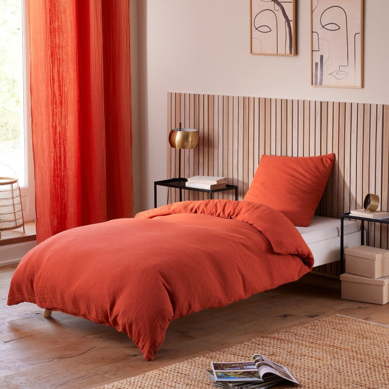 L'effet Papillon - Pack Housse de couette 140 x 200 cm Gaze de coton + drap housse 90x190 Orange