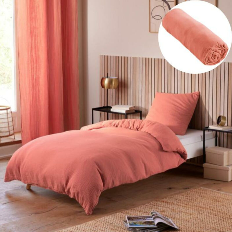 L'effet Papillon - Pack Housse de couette 140 x 200 cm Gaze de coton + drap housse 90x190 Rose