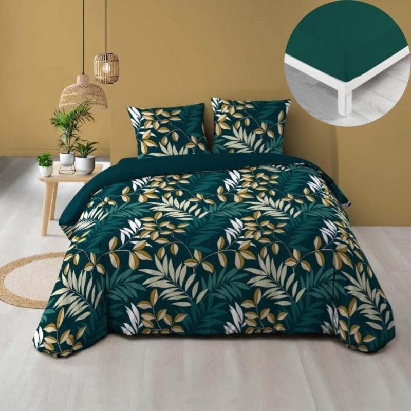Pack housse de couette 220 x 240 cm Nelida + drap housse 140 x 190 Emeraude