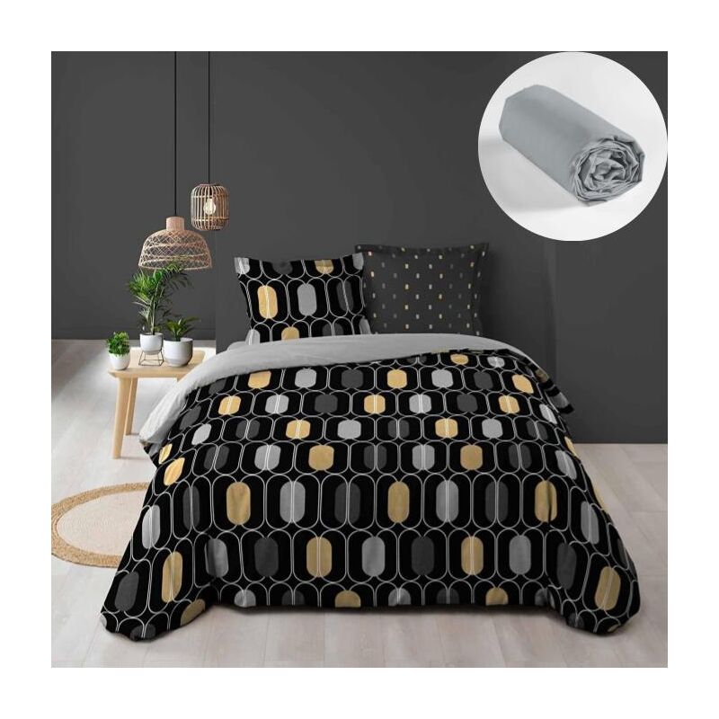 Pack housse de couette 220x240 cm Calidor + drap housse 140x190x30 Gris galet