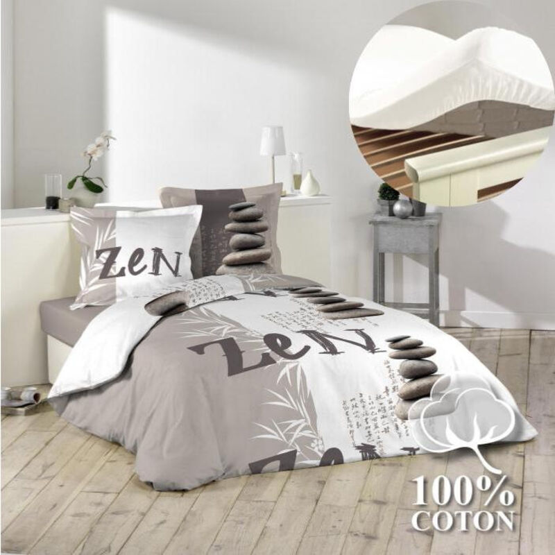 Cdaffaires - Pack housse de couette 220x240 cm Galets + drap housse 140x190 Blanc