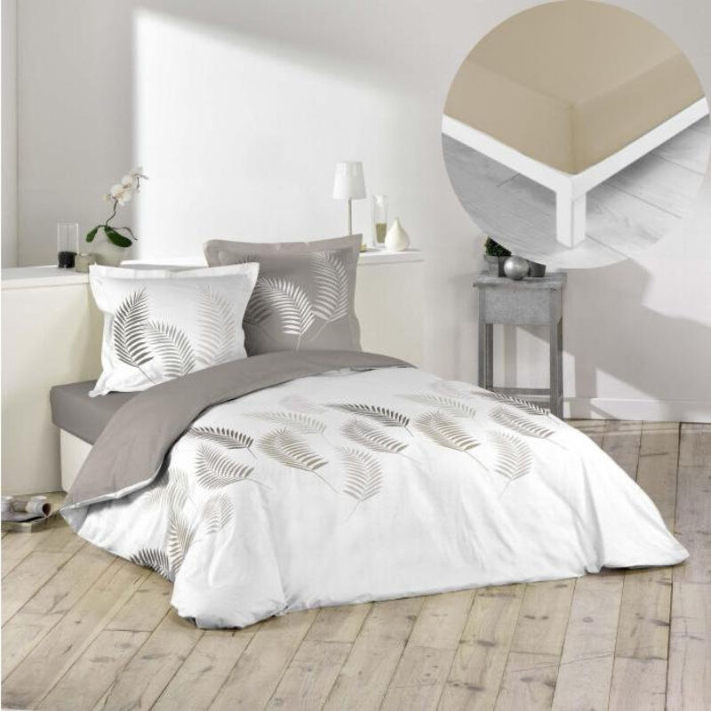 Cdaffaires - Pack housse de couette 220x240 cm Goyave + drap housse 140x190x30 Beige