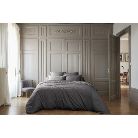 Pack Housse de couette 240 x 220 cm bambou de satin 120 fils Salomé + Drap housse 140 x 190 cm  Anthracite