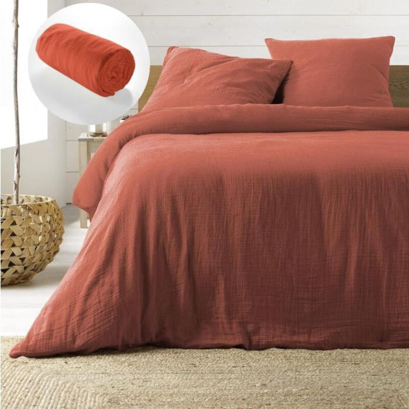 Pack housse de couette 240 x 220 cm gaze de coton + dh 140 x 190 cm Orange