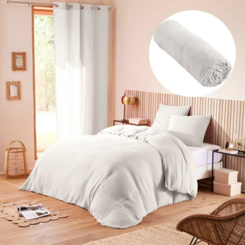 Pack Housse de couette 240 x 220 cm Gaze de coton + drap housse 140x190 Blanc