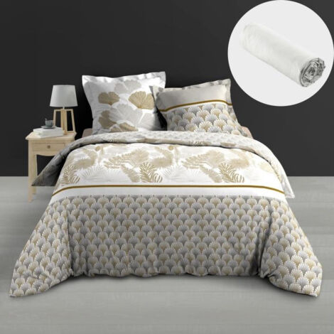 PacK housse de couette 260 x 240 cm  percale 78 fils Melisse + DH 160x200 cm Blanc