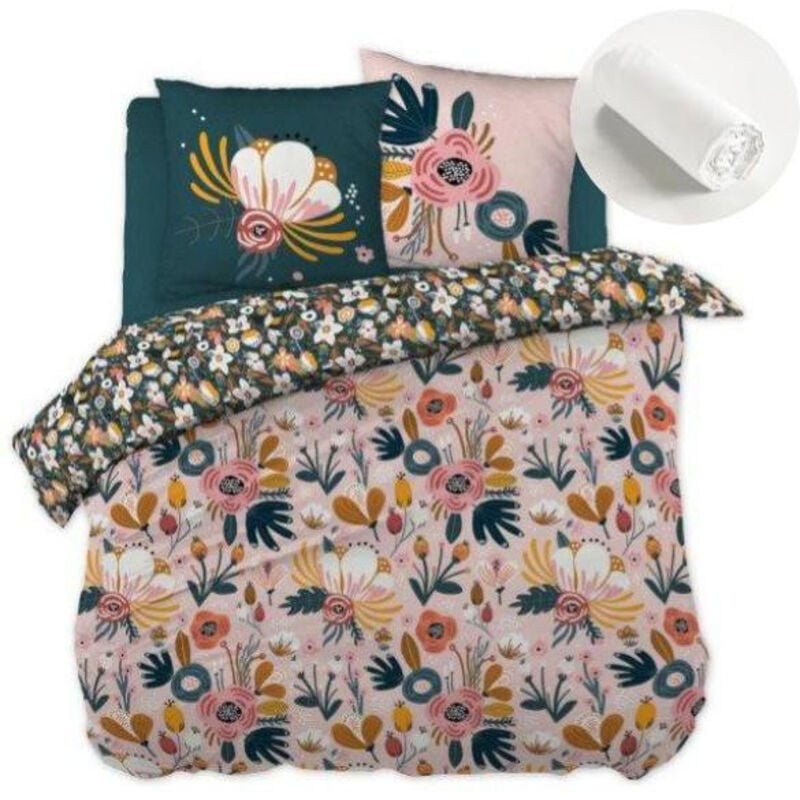 Cdaffaires - Pack housse de couette 260x240 cm Champêtre + drap housse 160x200 Blanc