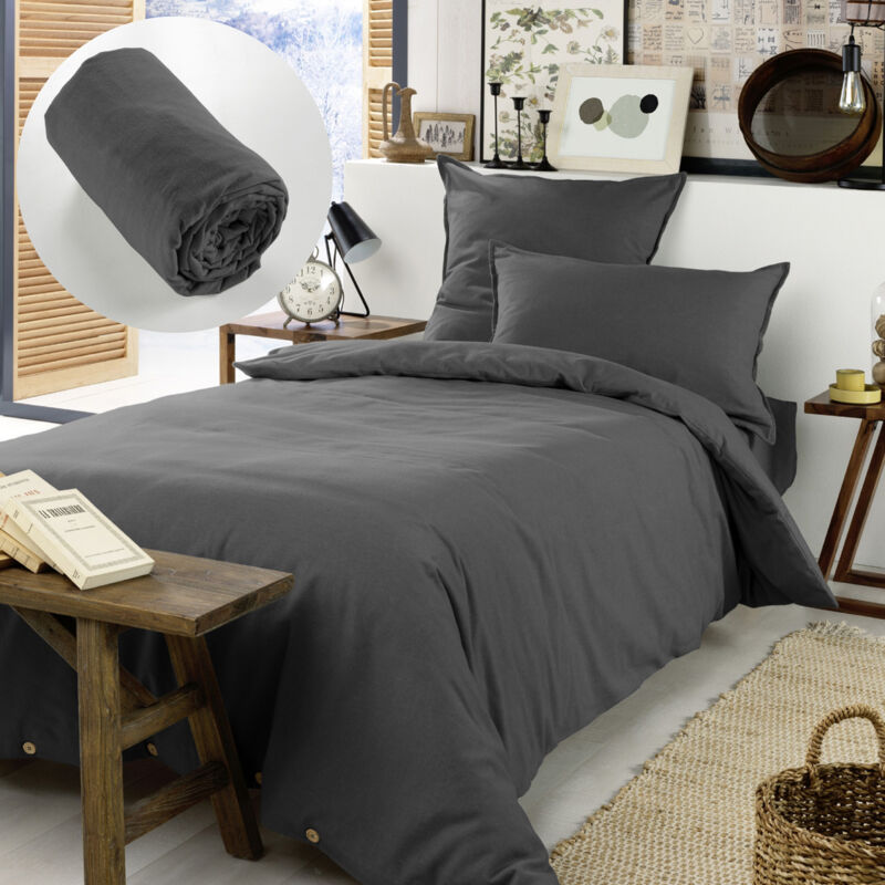 Pack Housse de couette chaude en flanelle 140 x 200 cm + drap housse 90x190 Candice Anthracite
