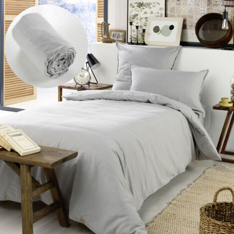 Pack Housse de couette chaude en flanelle 140 x 200 cm + drap housse 90x190  Gris clair