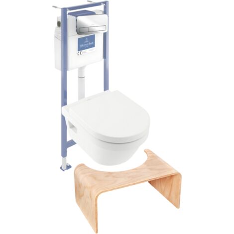 Pack inodoro sin reborde VILLEROY ET BOCH Architectura con asiento + estructura de soporte de suelo y pared Viconnect PRO + placa cromada brillante + taburete de madera