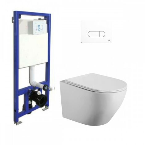 Pack Inodoro Suspendido  Blanco Mate  Rimless con Cisterna Empotrada y Pulsador Blanco