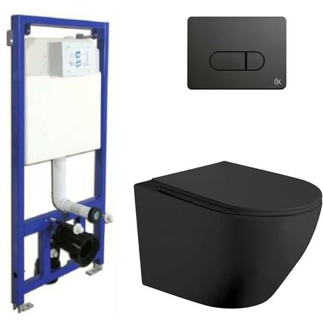 Pack Inodoro Suspendido  Negro Mate  Rimless con Cisterna Empotrada y Pulsador Negro