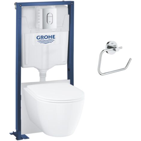 Pack inodoro suspendido sin aro Grohe Essence + asiento + placa cromada + estructura Grohe + Dispensador de papel