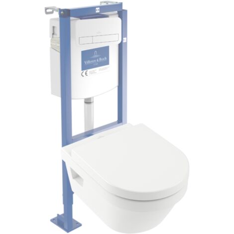 Pack inodoro suspendido sin reborde VILLEROY ET BOCH Architectura con descarga directa + asiento con cierre suave + estructura autoportante + placa blanca