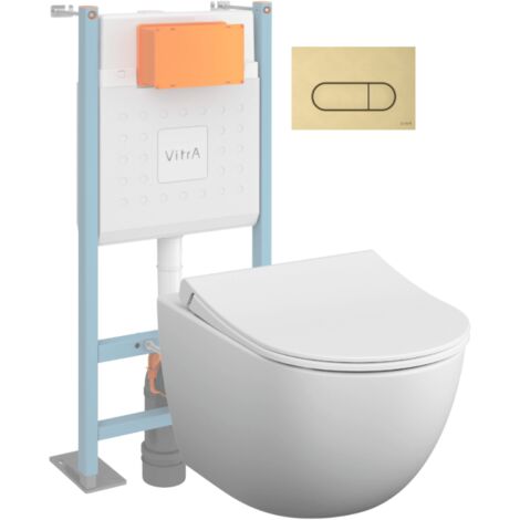 Pack inodoro suspendido VITRA Sento blanco mate + Estructura de pie V-Fix Core + Placa redonda dorada cepillada