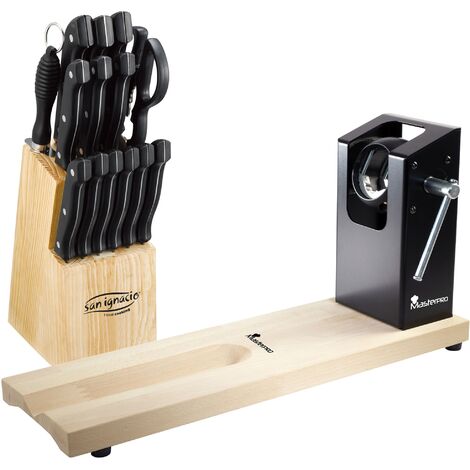 Pack Jamonero Masterpro y un Juego De Cuchillos, 15 Piezas, En Acero Inoxidable - Madera