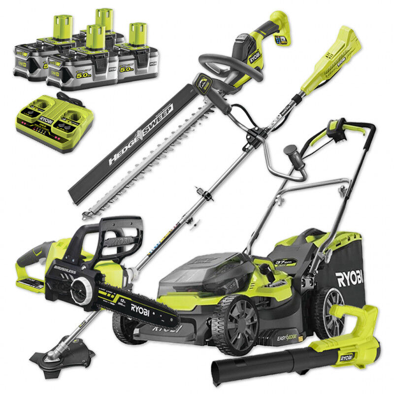 Ryobi - Pack Jardin 18V : RY18LMH37A + RY18HT55A-0 + RY18BLA-0 + OBC1820B + OCS1830 + 4 batt 18V one+ 5,0Ah