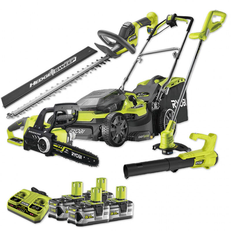 Ryobi - Pack Jardin 18V : RY18LMH37A + RY18HT55A-0 + RY18BLA-0 + OLT1825M + OCS1830 + 4 batt 18V one+ 5,0Ah
