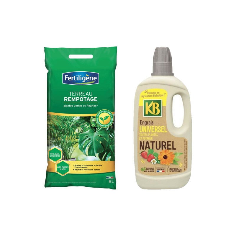 Fertiligene - Pack jardinage - Terreau rempotage fertiligène Plantes vertes et fleuries - 6L - Engrais naturel toutes plantes, légumes et fruits kb