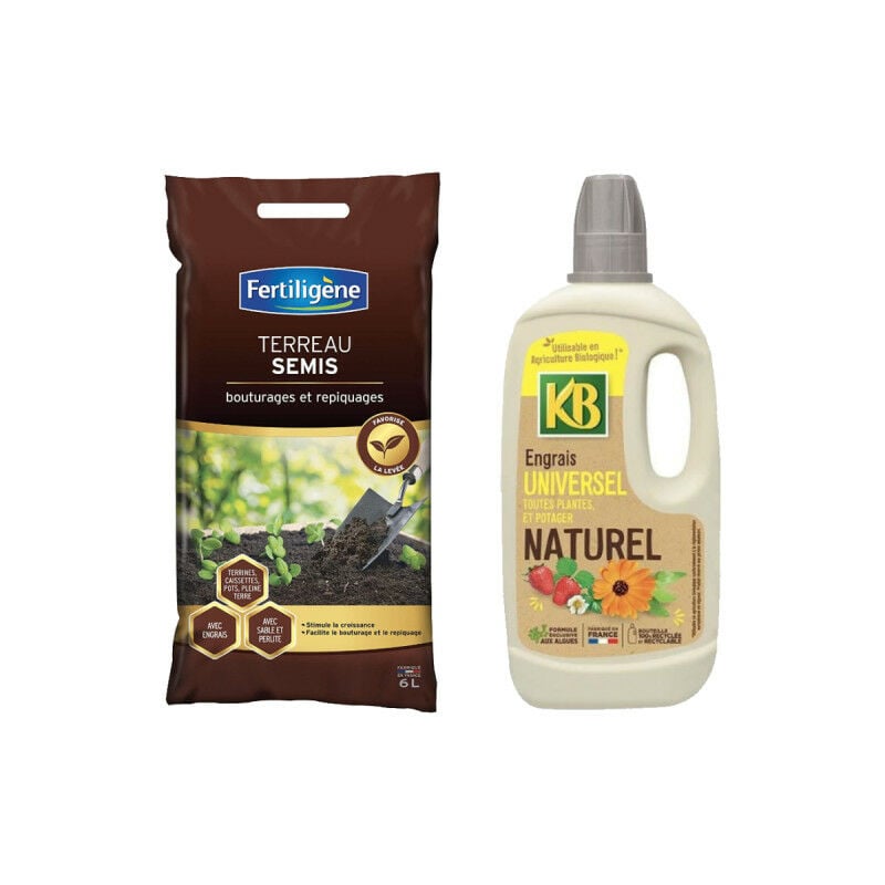 Fertiligene - Pack jardinage - Terreau semis fertiligène - 6L - Engrais naturel toutes plantes, légumes et fruits kb - 1L