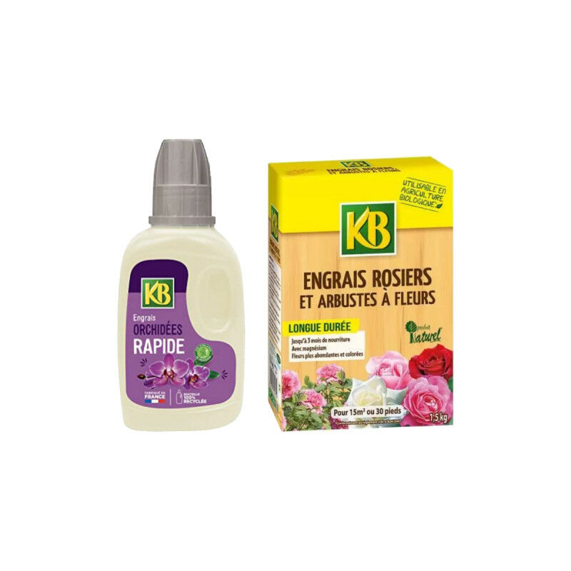 Pack KB Engrais pour rosiers et arbustes à fleurs 1,5kg - Engrais rapide pour orchidées 250ml