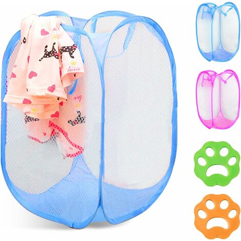 Pack Laundry Hamper with 2 Piece Clothes Hair Remover, Foldable Breathable Mesh Laundry Hamper, Daily Clothes Storage Bag, Toy Storage (Pink, Sky Blue)