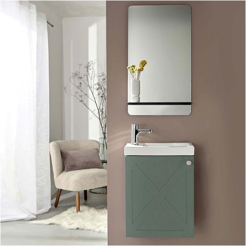 Mob-in - Ensemble meuble lave-mains vert de gris ava + miroir + robinet chromé