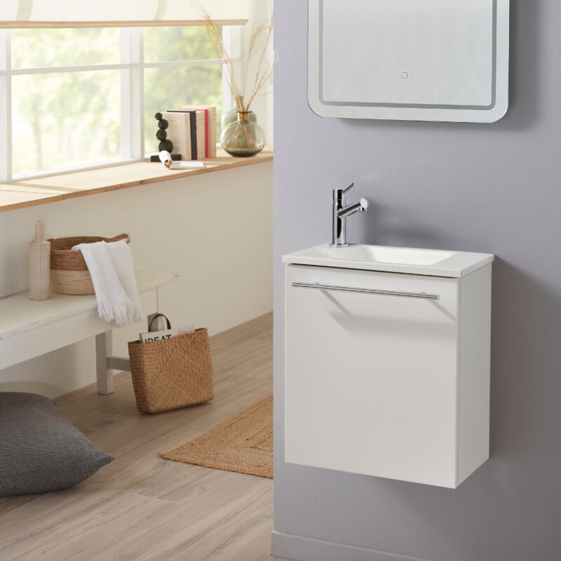 Pack lave-mains Blanc mat avec vasque design blanche - Robinetterie Eau froide à gauche - L.42.5 x h. 48.6 cm - Hanos