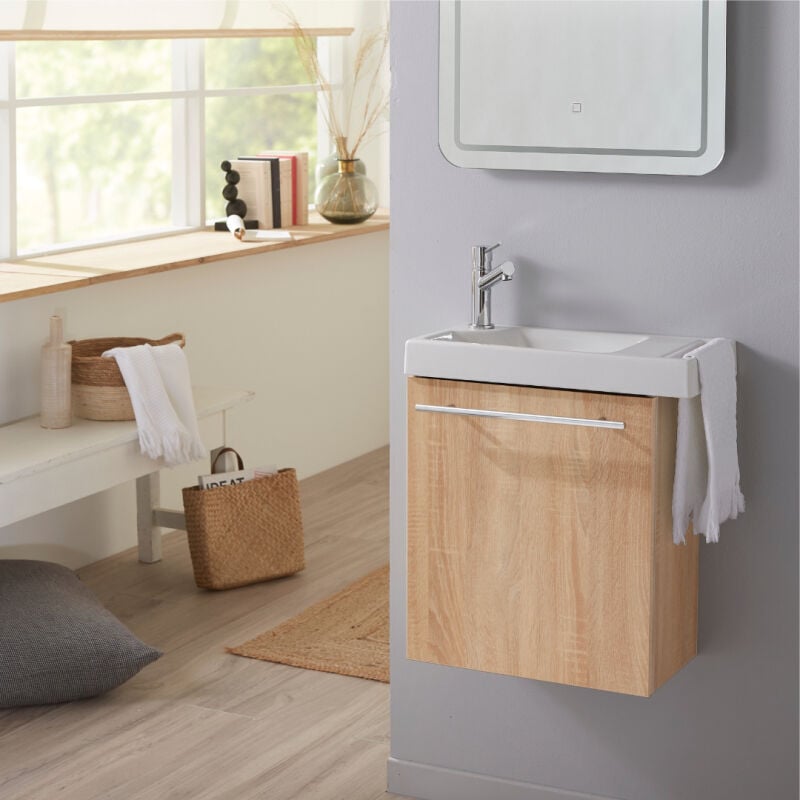 Pack lave mains Chêne Oak bordolino avec lave mains porte serviette et robinetterie eau froide